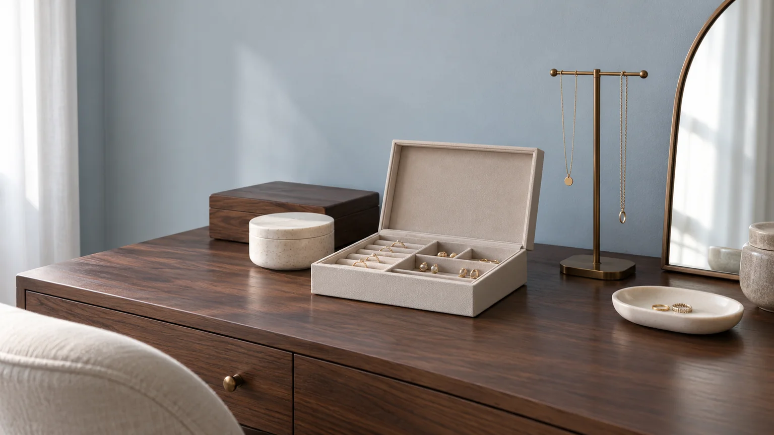 Coiffeuse contemporaine en bois sombre avec coffret ouvert, coupelle et petit porte-colliers dans une lumière naturelle.