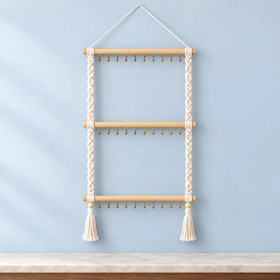 Suspension à colliers en bois et macramé de Dahey, mise en situation dans un décor de pierre perle claire et de bleu ardoise pâle