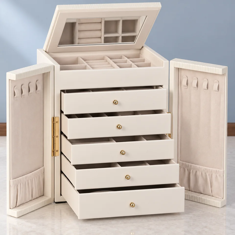 Dajasan — coffret à cinq tiroirs et double ouverture de Dajasan, mise en situation dans un décor de pierre perle claire et de bleu ardoise pâle
