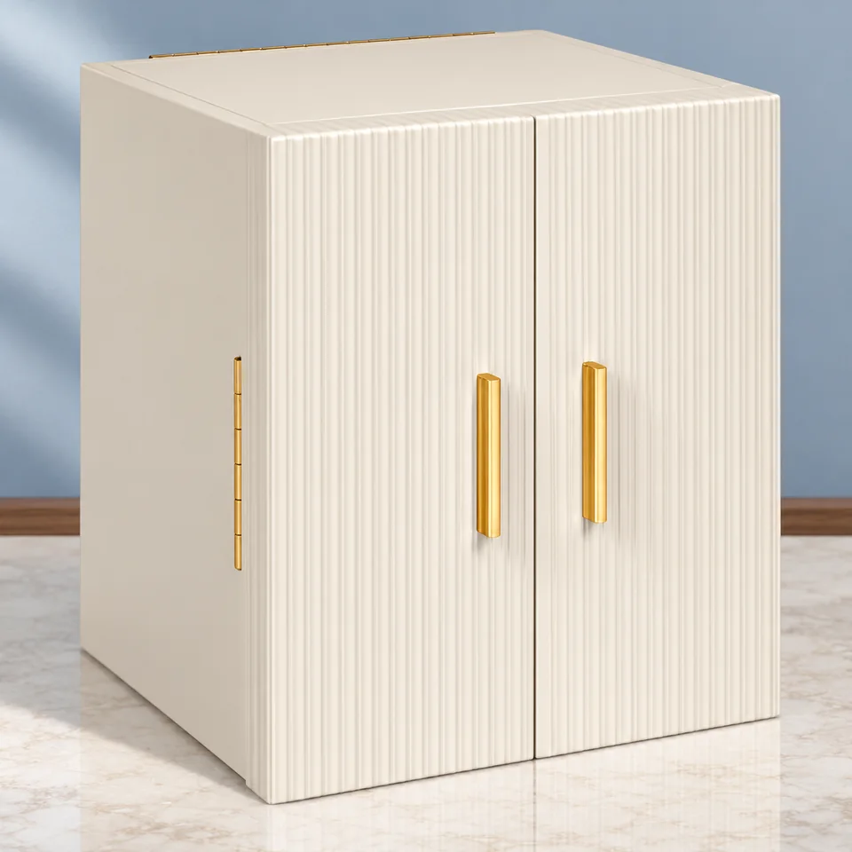 Dajasan — coffret beige à portes rainurées de Dajasan, mise en situation dans un décor de pierre perle claire et de bleu ardoise pâle