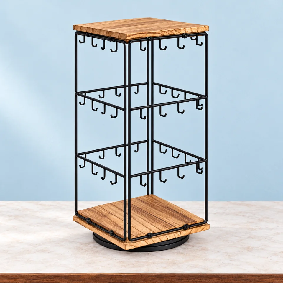 Tour rotative en bois et métal de Emfogoo, mise en situation dans un décor de pierre perle claire et de bleu ardoise pâle