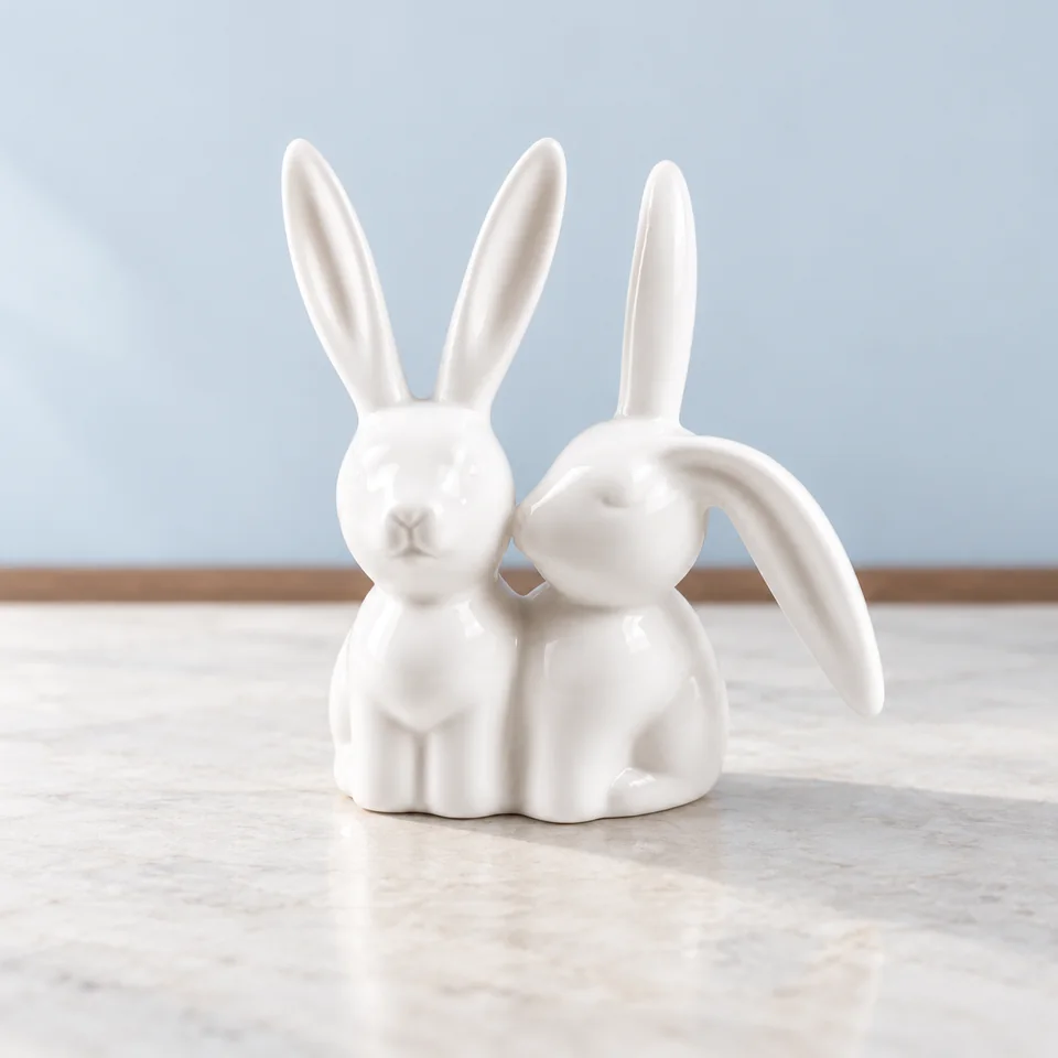 Generisch — motif de deux lapins en céramique de Generisch, mise en situation dans un décor de pierre perle claire et de bleu ardoise pâle