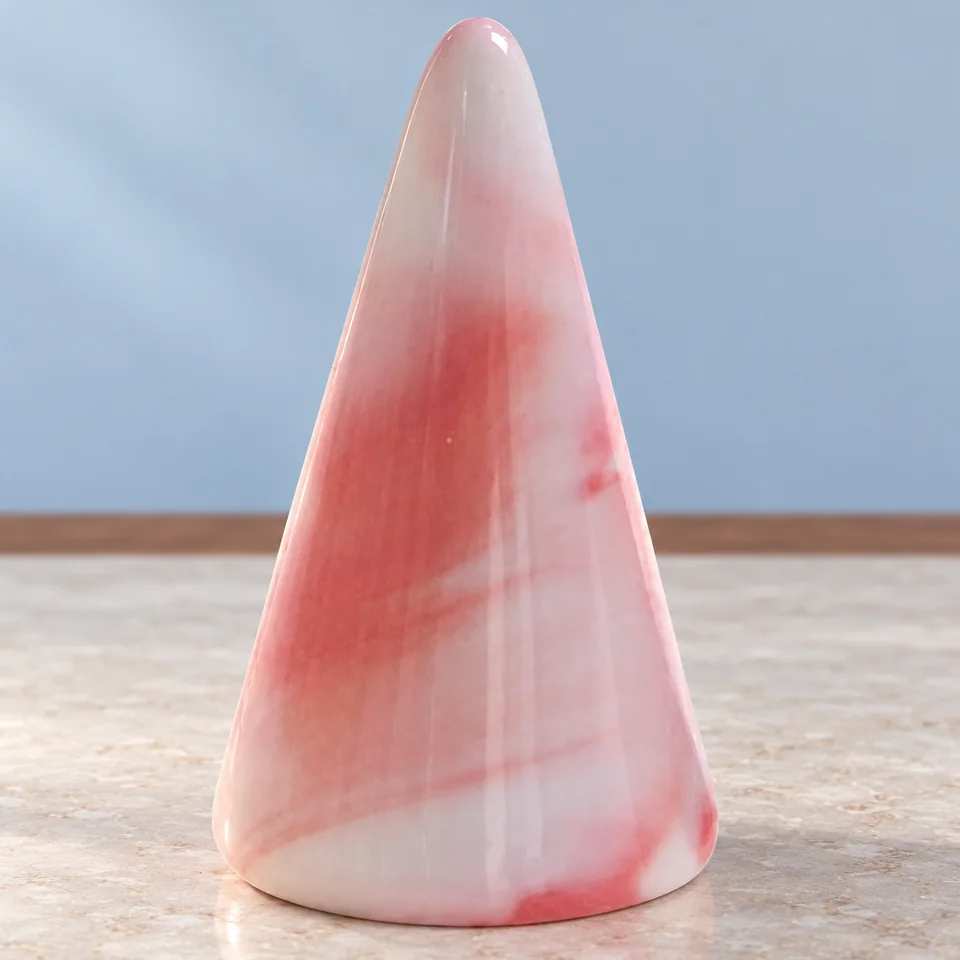 Holibanna — cône en céramique rose de Holibanna, mise en situation dans un décor de pierre perle claire et de bleu ardoise pâle