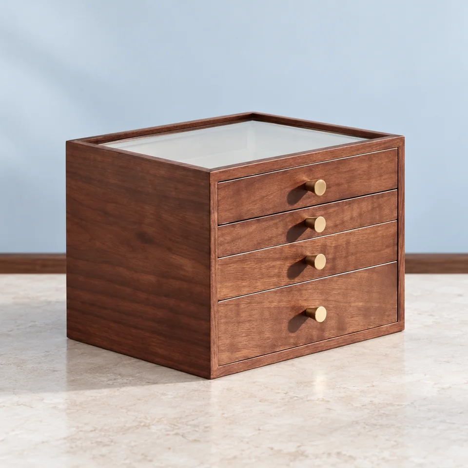 Homruilink — coffret en noyer à quatre tiroirs de Homruilink, mise en situation dans un décor de pierre perle claire et de bleu ardoise pâle