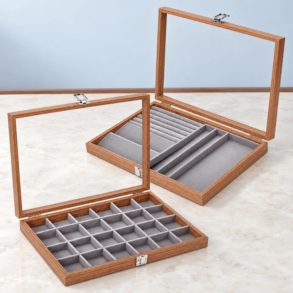 INTERWARM — duo de coffrets bois et gris de INTERWARM, mise en situation dans un décor de pierre perle claire et de bleu ardoise pâle