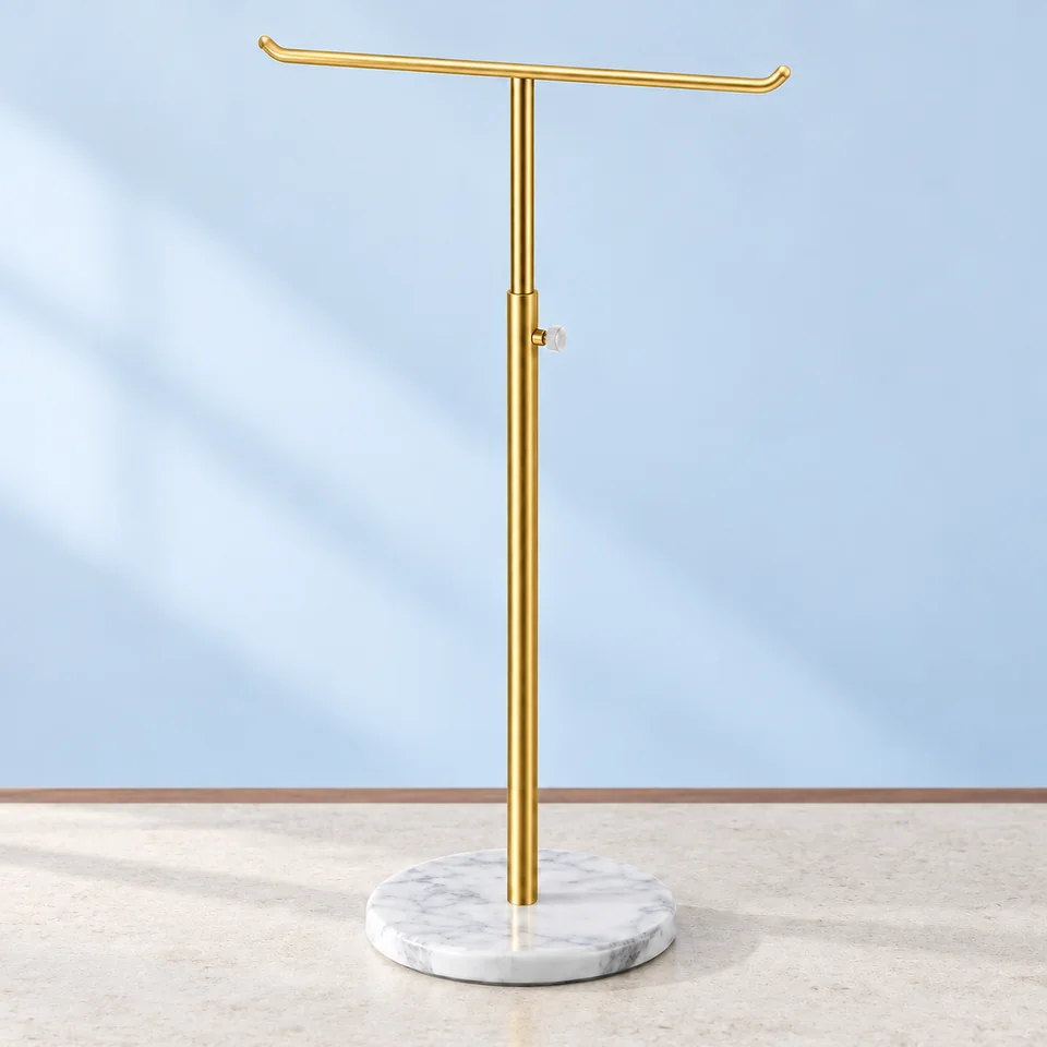 Porte-colliers en T sur socle marbré de Josmimic, mise en situation dans un décor de pierre perle claire et de bleu ardoise pâle