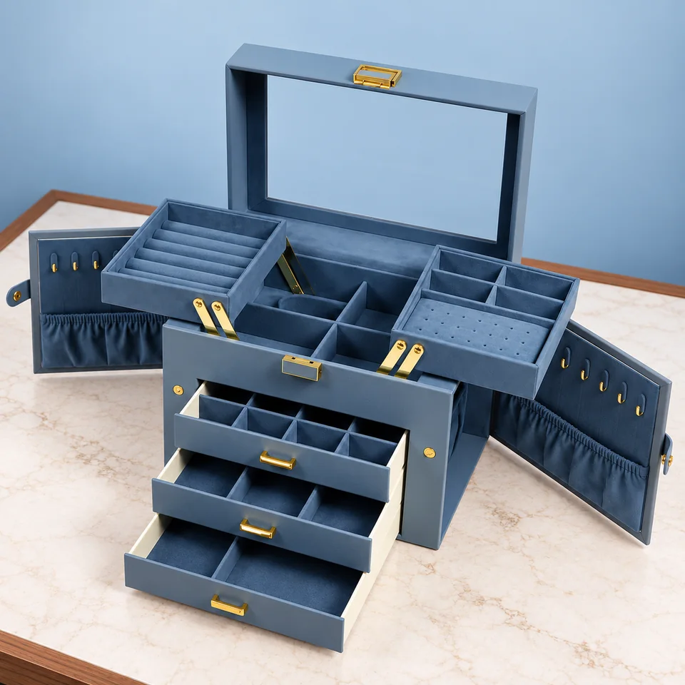 KAMIER — coffret à plateau amovible bleu-gris de KAMIER, mise en situation dans un décor de pierre perle claire et de bleu ardoise pâle