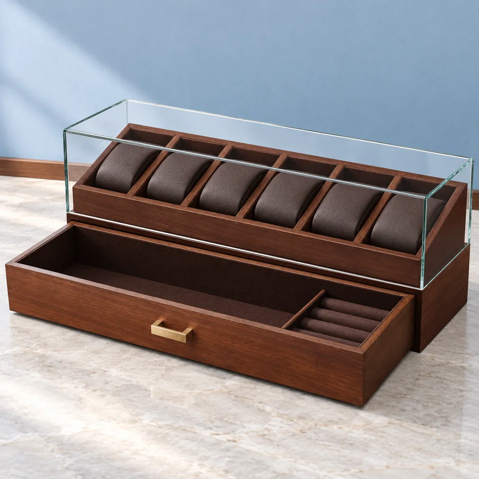 KAMIER — coffret six montres et tiroir de KAMIER, mise en situation dans un décor de pierre perle claire et de bleu ardoise pâle