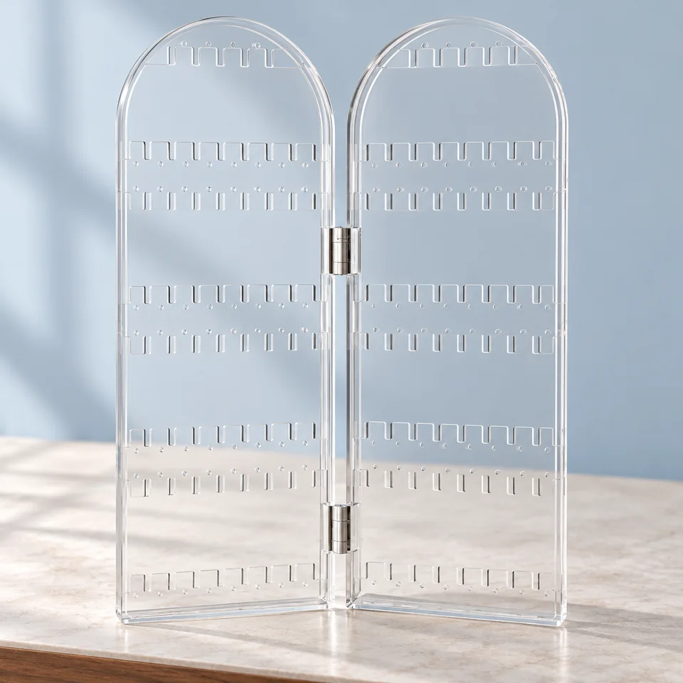 Présentoir transparent pliant à deux volets de KASESSS, mise en situation dans un décor de pierre perle claire et de bleu ardoise pâle