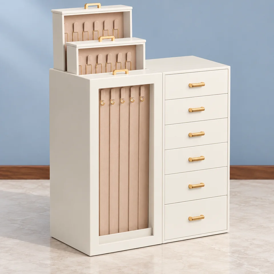 Lolalet — coffret vertical beige M de Lolalet, mise en situation dans un décor de pierre perle claire et de bleu ardoise pâle