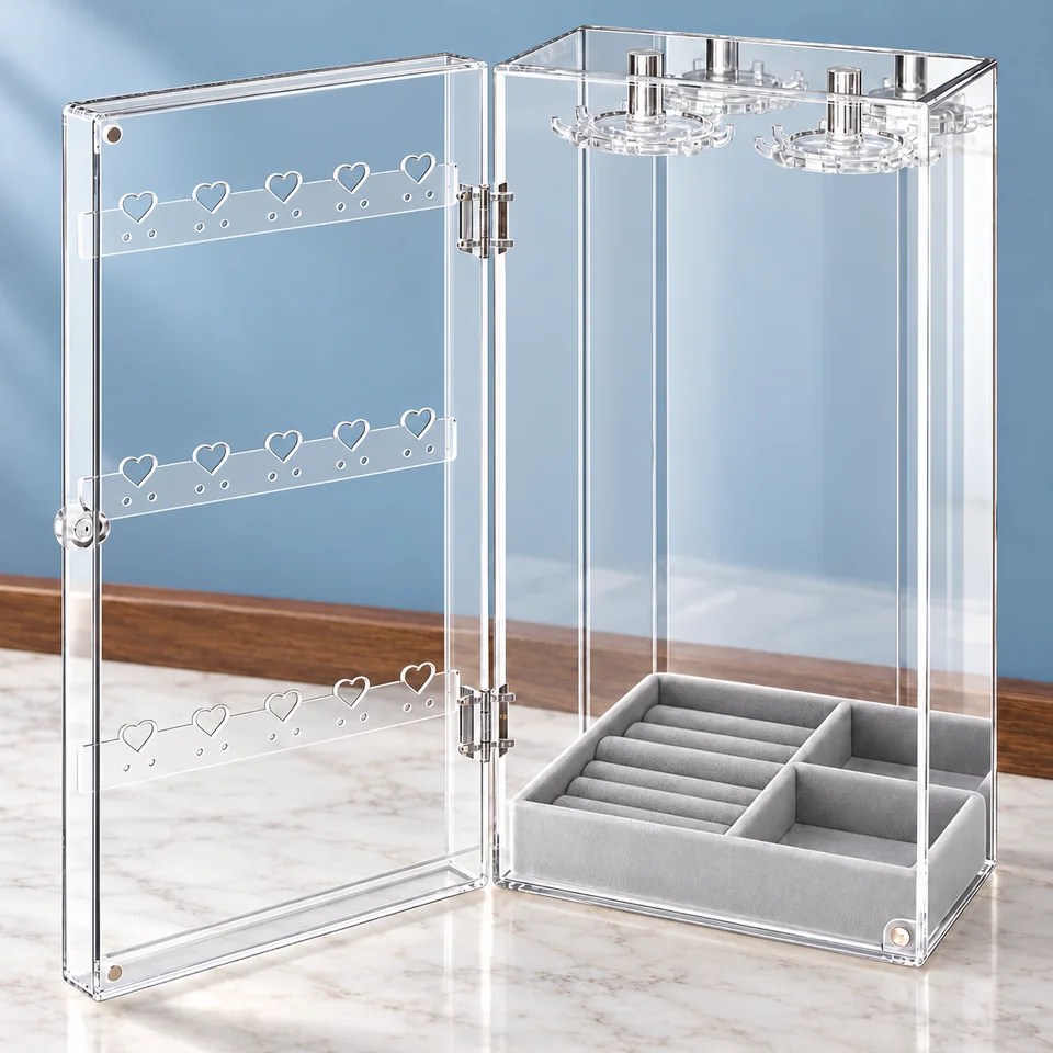 Lolalet — vitrine transparente avec plateau de Lolalet, mise en situation dans un décor de pierre perle claire et de bleu ardoise pâle