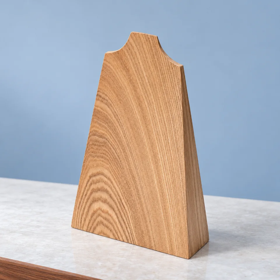 Buste pour collier en bois de Oirlv, mise en situation dans un décor de pierre perle claire et de bleu ardoise pâle