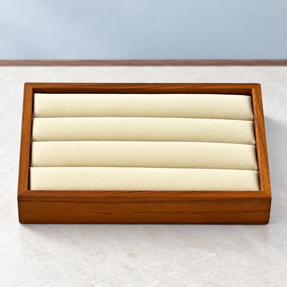 Oirlv — plateau en bois et intérieur crème de Oirlv, mise en situation dans un décor de pierre perle claire et de bleu ardoise pâle