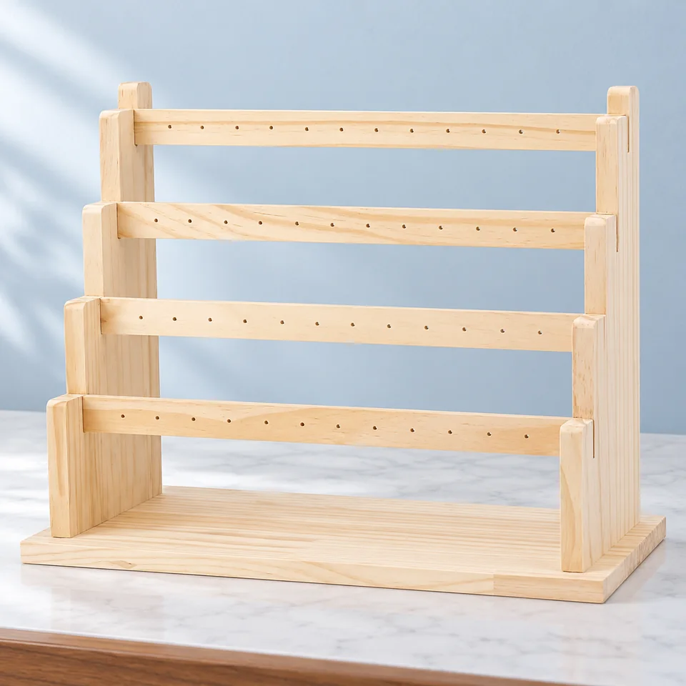 Présentoir en bois à quatre niveaux de PH PandaHall, mise en situation dans un décor de pierre perle claire et de bleu ardoise pâle