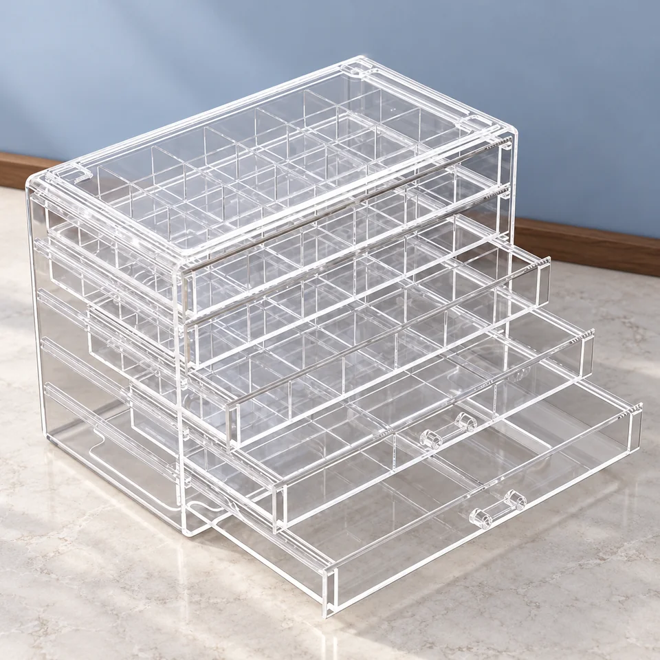 ProCase — cinq tiroirs tout transparents de ProCase, mise en situation dans un décor de pierre perle claire et de bleu ardoise pâle
