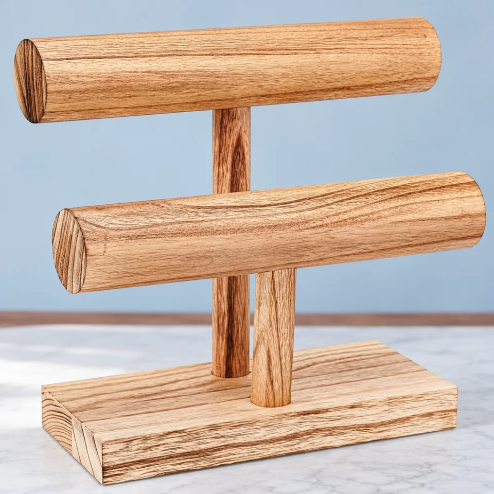 Porte-bracelets en bois à deux niveaux de ProCase, mise en situation dans un décor de pierre perle claire et de bleu ardoise pâle
