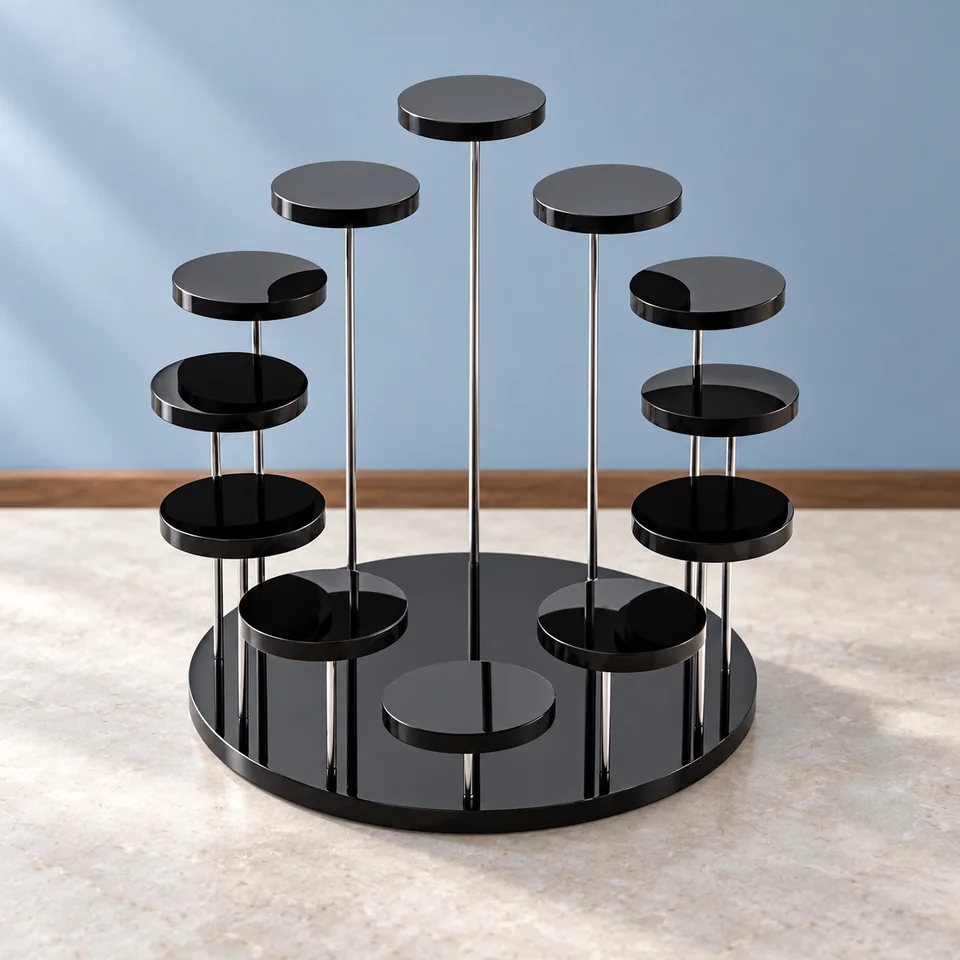 QWORK — douze plateformes noires de QWORK, mise en situation dans un décor de pierre perle claire et de bleu ardoise pâle
