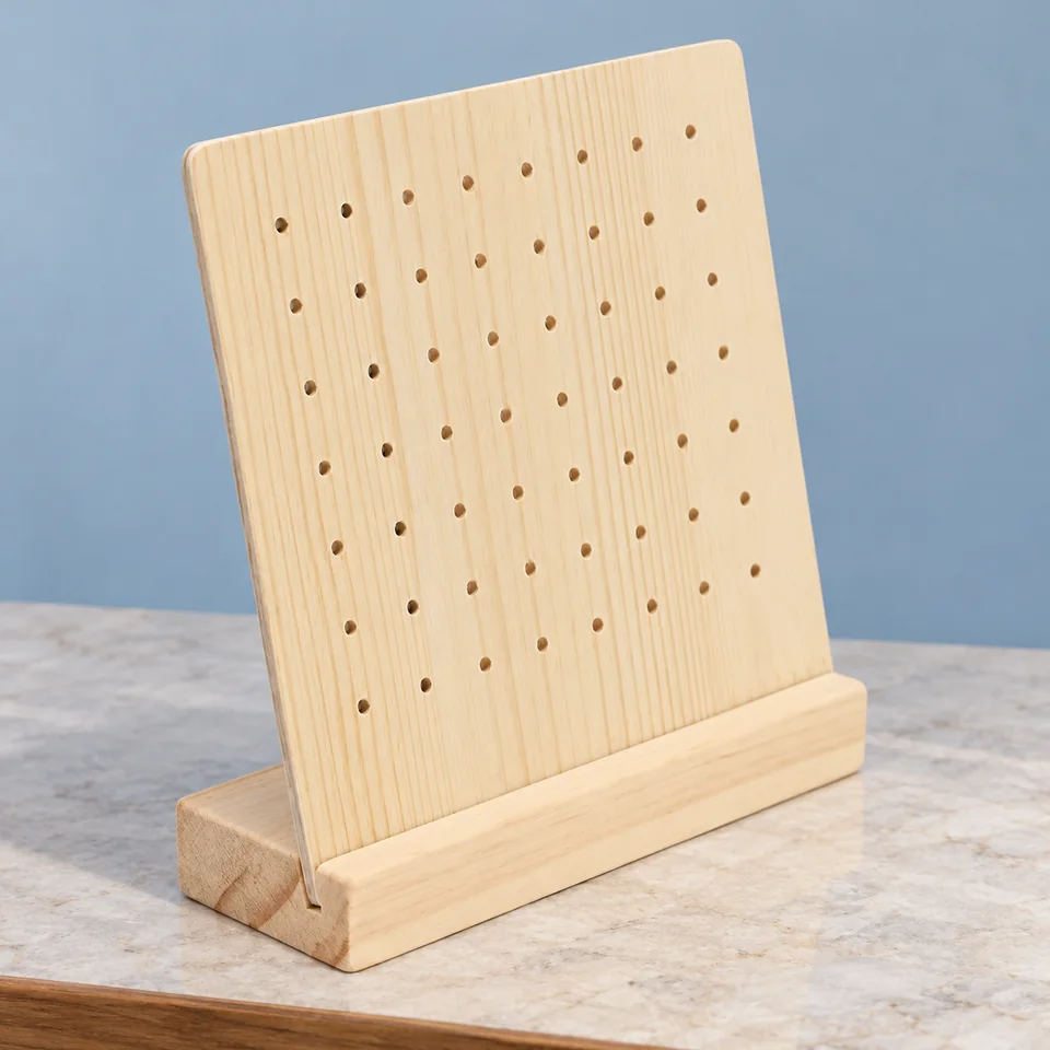 Panneau perforé en bois sur socle de RTLR, mise en situation dans un décor de pierre perle claire et de bleu ardoise pâle