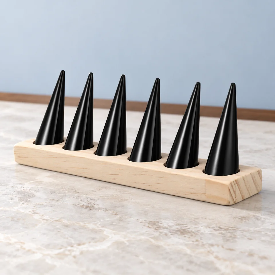 SHINEOFI — six cônes noirs sur socle en bois de SHINEOFI, mise en situation dans un décor de pierre perle claire et de bleu ardoise pâle