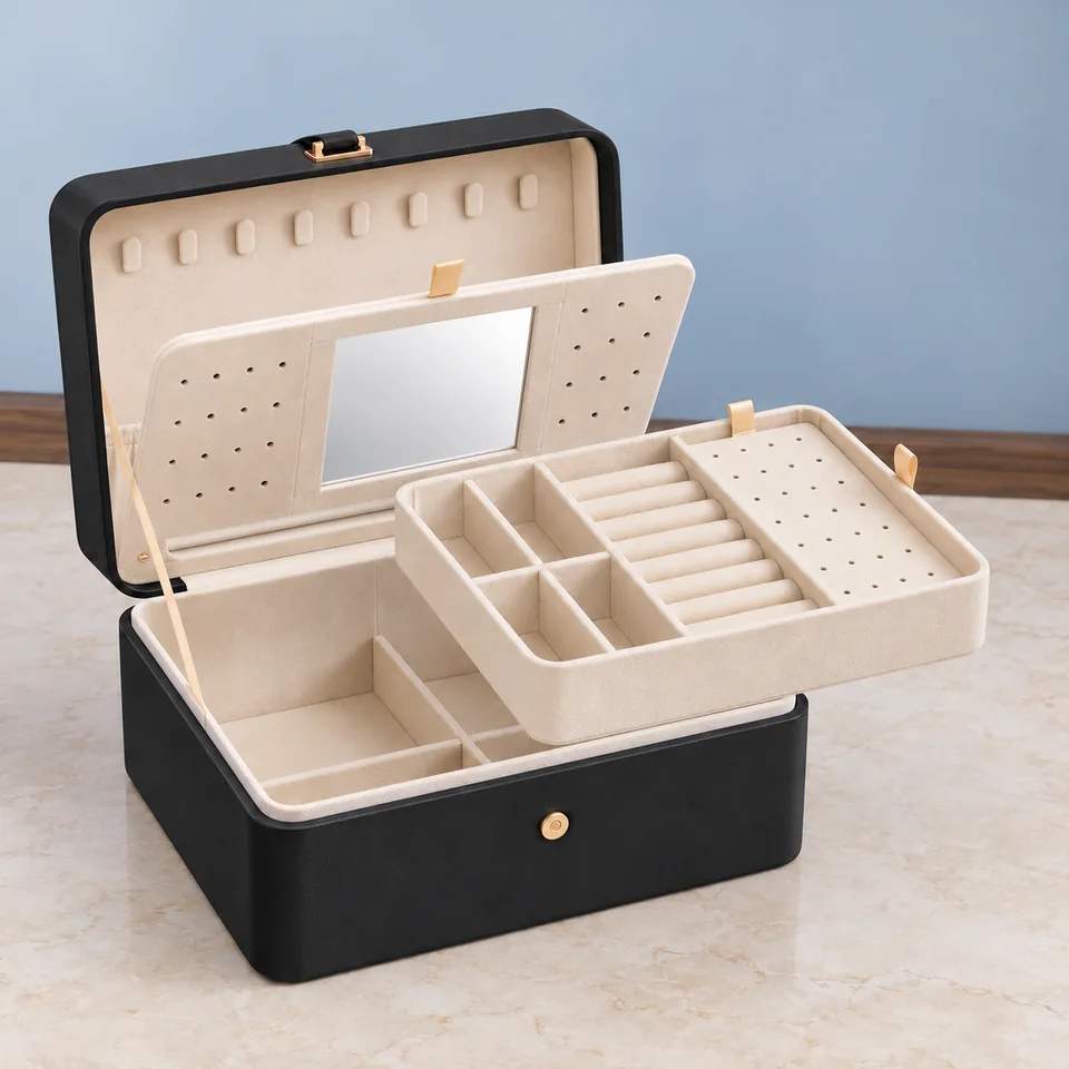 SONGMICS — Gisella à miroir sur plateau amovible de SONGMICS, mise en situation dans un décor de pierre perle claire et de bleu ardoise pâle — Vue éclatée du plateau et du panneau miroir amovibles ; les éléments sont repositionnés dans le coffret en usage.