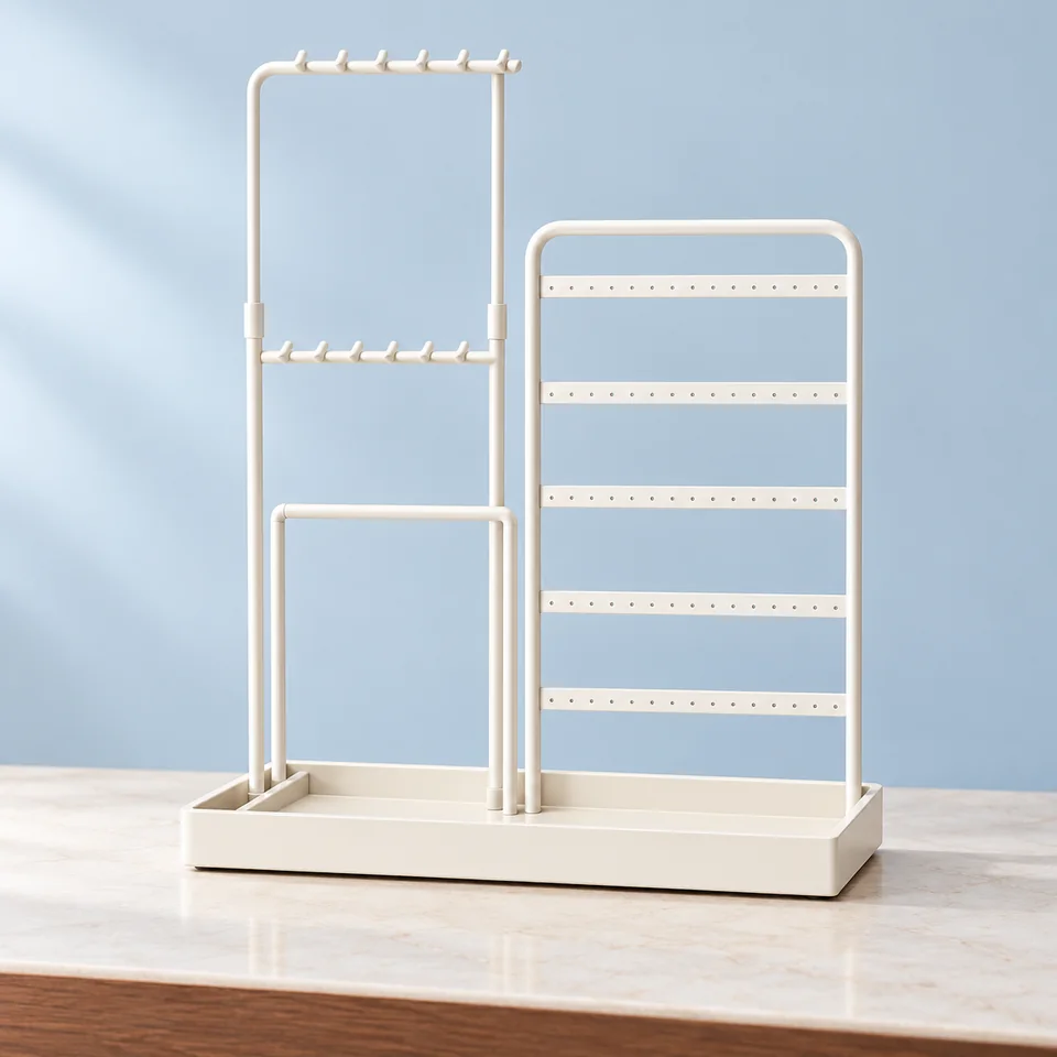 Porte-colliers extensible JJS026W01 de SONGMICS, mise en situation dans un décor de pierre perle claire et de bleu ardoise pâle