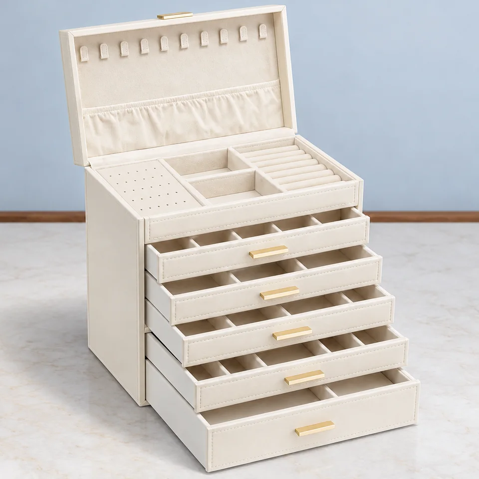 VLANDO — coffret beige à six niveaux de VLANDO, mise en situation dans un décor de pierre perle claire et de bleu ardoise pâle